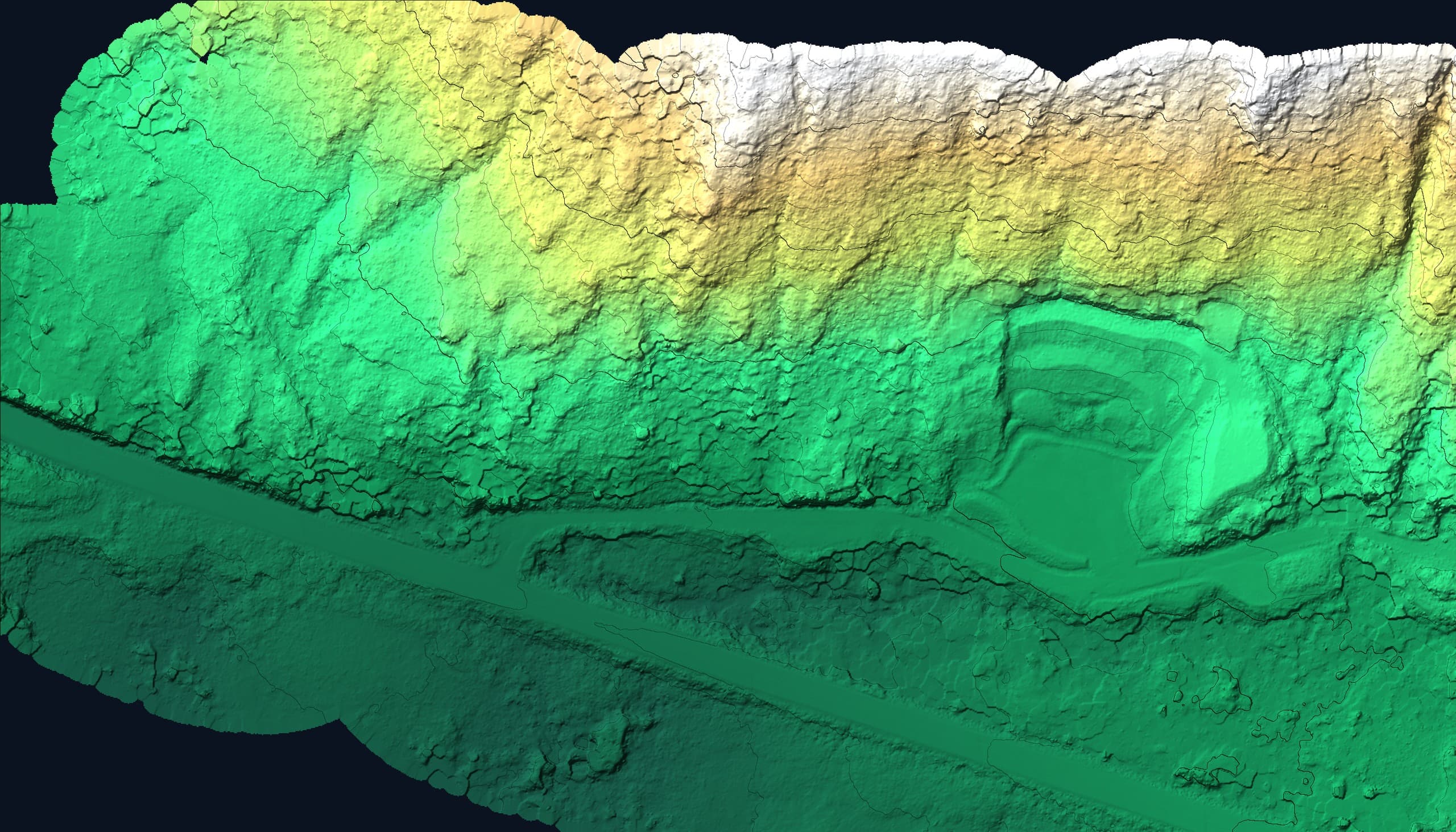 LiDAR bare-earth terrain model of the same ground with contours