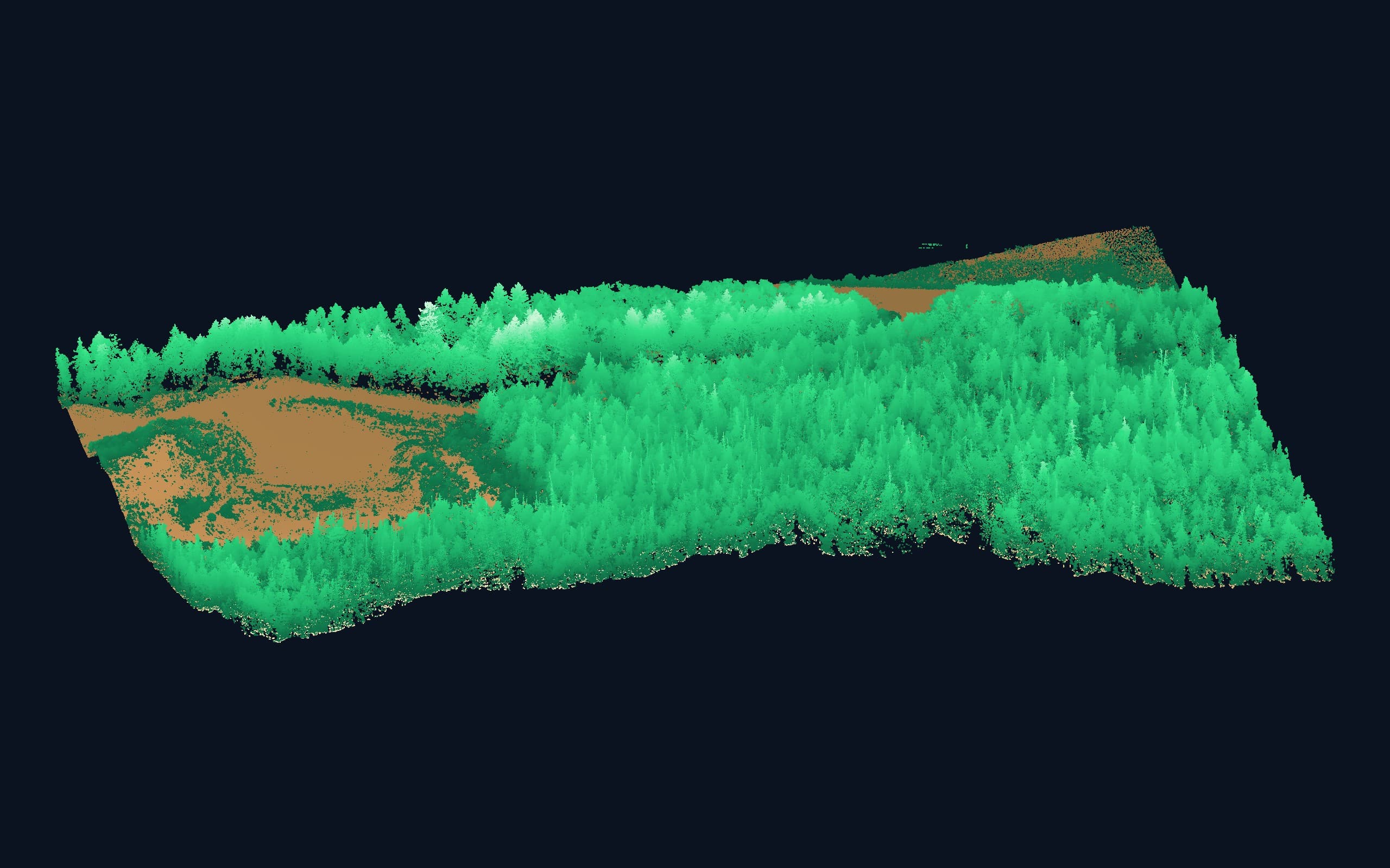 Classified LiDAR point cloud with ground returns in tan and vegetation in green