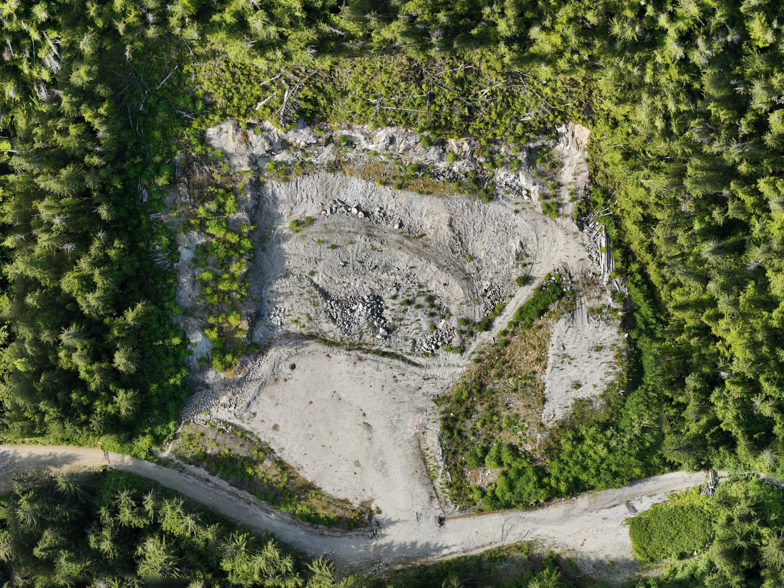 Drone orthophoto of a gravel pit and access road surrounded by forest