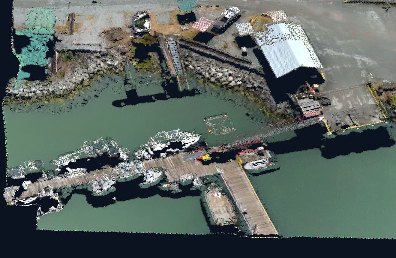3D drone model of a community wharf, marina and ferry dock